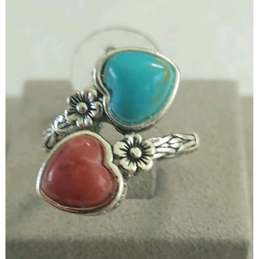Size 6 Silver Tone Double Heart Ring Turquoise Coral Color Floral Boho 2.5mm